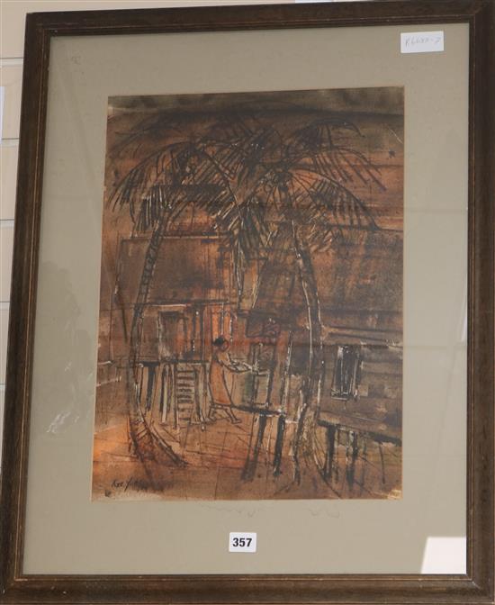 Kee Yong, ink and watercolour, figure beneath palm trees, signed and dated 69, 49 x 36cm